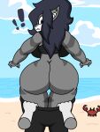 anon anthro arthropod beach big_butt breasts butt clothed clothing crab crustacean decapoda enderbendr female fish hair malacostracan mammal marine mira_(endrslendr) partially_clothed pulling_pants_down sand sea seaside shark simple_background solo thick_thighs topwear water wide_hips