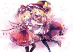 2girls apron ascot bat_wings blonde_hair bow braid crystal flandre_scarlet flower hair_bow hat hat_bow hat_ribbon hiyuu_(hiyualice) kirisame_marisa mob_cap multicolored_wings multiple_girls one_eye_closed one_side_up open_mouth puffy_short_sleeves puffy_sleeves red_eyes red_skirt red_vest reitaisai ribbon short_sleeves side_braid side_ponytail single_braid skirt skirt_set smile star_(symbol) touhou vest waist_apron white_bow white_hat wings witch_hat yellow_ascot yellow_eyes 
