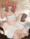  absurd_res anthro areola biped breasts brown_hair canid canine canis domestic_dog eyelashes female hair hi_res luxurias mammal nipples pupils sauna smile solo thick_thighs towel towel_only 
