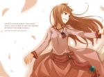  animal_ears ayakura_juu brown_hair character_name dress floating_hair grin highres holo long_hair looking_away novel_illustration official_art outstretched_arm pouch red_eyes smile solo spice_and_wolf standing tail very_long_hair white_background wolf_ears wolf_girl wolf_tail 