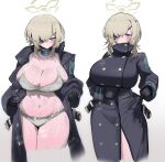  1girl absurdres belt black_coat black_gloves blonde_hair blue_archive breasts brown_halo buttons cleavage coat eyepatch gloves greatcoat green_eyes halo highres inhey large_breasts looking_at_viewer navel one_eye_covered open_belt open_clothes open_coat shiny_skin short_hair simple_background skindentation solo sports_bra sports_panties suou_(blue_archive) undressing white_background 