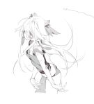  1girl ass bare_shoulders blush breasts bukurote camisole cropped_legs greyscale horns long_hair looking_to_the_side monochrome original panties simple_background sketch small_breasts solo underwear 