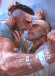  2boys arm_hair atomic_heart bald bara black_hair blood blood_on_face blue_shirt brown_sweater char-les_(atomic_heart) facial_hair fukurau glasses grabbing_another&#039;s_hair highres lab_coat looking_at_another male_focus multiple_boys muscular muscular_male open_clothes open_mouth p-3_(atomic_heart) saliva shirt short_hair sweater tongue tongue_out yaoi 