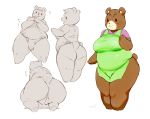  2018 :3 ? all_fours anthro apron bear bebebebebe big_butt biped black_eyes bottomless breasts brown_fur brown_tail butt clothed clothing digital_media_(artwork) dot_eyes female fur green_clothing green_topwear head_tuft looking_at_viewer looking_back mammal model_sheet open_mouth pink_clothing pink_shirt pink_topwear pussy shirt short_tail simple_background slightly_chubby small_tail smile solo standing thick_thighs white_background 