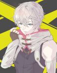  1boy bags_under_eyes bare_shoulders detached_sleeves eri_(difference) fingerless_gloves gloves gnosia grey_eyes grey_hair hair_between_eyes hood looking_at_viewer male_focus purple_eyes remnan_(gnosia) short_hair solo white_background 