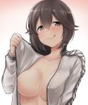  :q absurdres areola_slip areolae blush breasts brown_hair collarbone eyebrows_visible_through_hair gradient gradient_background grey_eyes grey_jacket hayasui_(kantai_collection) heart heart-shaped_pupils highres jacket kantai_collection kiritto large_breasts looking_at_viewer naked_track_jacket nose_blush open_clothes open_jacket opened_by_self red_background short_hair smile solo sweat symbol-shaped_pupils tongue tongue_out track_jacket upper_body 