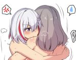  2girls anger_vein bite_mark blue_eyes commentary from_behind grey_hair hair_ornament highres hinghoi honkai:_star_rail honkai_(series) long_hair multicolored_hair multiple_girls nude red_hair spoken_anger_vein spoken_sweatdrop stelle_(honkai:_star_rail) streaked_hair sweat sweatdrop topaz_(honkai:_star_rail) trailblazer_(honkai:_star_rail) upper_body yuri 