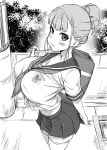  :3 asanagi bag blush breasts cleavage covered_nipples eyebrows_visible_through_hair greyscale hair_bun highres large_breasts looking_at_viewer miyake_hinata monochrome navel pleated_skirt school_bag school_uniform serafuku skirt solo sora_yori_mo_tooi_basho thighhighs 