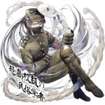  1boy androgynous armband bandaged_hand bandages black_hair black_mask blunt_ends boots buttons character_name collared_jacket commentary_request covered_mouth crossed_legs danganronpa_(series) danganronpa_v3:_killing_harmony full_body gakuran green_eyes green_footwear green_hat green_jacket green_pants green_sleeves hat high_collar holding holding_mask jacket knee_boots layered_sleeves long_hair long_sleeves looking_at_viewer male_focus mask mouth_mask noh_mask pants peaked_cap red_armband rope school_uniform shide shimenawa shinguji_korekiyo sitting solo straight_hair u_u_ki_u_u very_long_hair white_background white_mask zipper zipper_pull_tab 