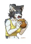  anthro artist_name black_hair blue_eyes bodily_fluids breasts burger canid canine canis claws cleavage clothed clothing dated fangs female food fur grey_body grey_fur hair hi_res holding_burger holding_food holding_object inner_ear_fluff kemono looking_at_viewer mammal medium_breasts midriff multicolored_body multicolored_fur oogami-san_(tsukareta_inu) open_mouth ponytail ryou sharp_teeth shirt solo sweat sweatdrop tank_top teeth topwear tsukareta-inu_no_anime tuft two_tone_body two_tone_fur upper_body white_body white_fur wolf yellow_clothing yellow_shirt yellow_tank_top yellow_topwear 