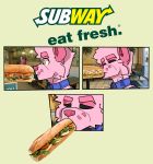 absurd_res anthro arch3y collar comic fast_food food fur hi_res humor licking male meme mrpawpaw pink_body pink_fur sandwich_(food) sandwich_in_mouth solo spots tongue yellow_eyes