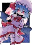  1girl blue_hair bow bowtie hat highres looking_at_viewer mob_cap moon pointy_ears red_bow red_bowtie red_eyes red_moon remilia_scarlet short_sleeves solo touhou yoruuta 
