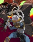  1boy 1girl assemblerones battle blonde_hair blue_bodysuit blurry blurry_background bodysuit covered_mouth dark-skinned_male dark_skin fingerless_gloves flying_kick ganondorf gloves highres kicking long_hair mask midair mouth_mask ninja red_background red_eyes red_hair shaded_face sheik short_hair shoulder_pads smear_frame the_legend_of_zelda 