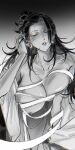  1girl adjusting_clothes black_hair breast_press breasts earrings getou_suguru greyscale half-closed_eyes hand_up hanging_breasts highres huge_breasts jewelry jujutsu_kaisen leaning_forward long_hair loose_hair_strand monochrome nipples parted_lips solo stalllkerg 