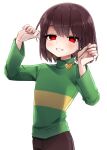  1other blush bob_cut brown_hair brown_pants chara_(undertale) fingernails green_sweater grin hands_up heart heart_necklace highres holding holding_jewelry holding_necklace jewelry leftporygon long_sleeves necklace no_pupils pants red_eyes short_hair smile striped_clothes striped_sweater sweater turtleneck turtleneck_sweater undertale upper_body white_background yellow_sweater 
