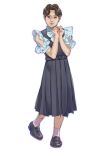  1boy black_eyes black_hair blue_shirt clothing_cutout commentary_request crossdressing dress full_body grey_dress highres kishida_mel kishida_mel_(person) leg_hair loafers looking_at_viewer male_focus original own_hands_together pinafore_dress real_life self-portrait shirt shoes shoulder_cutout simple_background sleeveless sleeveless_dress smile socks solo white_background white_socks 