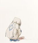  1girl blue_footwear cevio dropped_food facing_away full_body highres hood hood_up hooded_jacket ice_cream_cone jacket kafu_(cevio) kamitsubaki_studio long_sleeves sabaku_(saba9) shadow shoes simple_background slav_squatting solo squatting traditional_media watercolor_pencil_(medium) white_background white_jacket wide_shot 