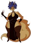 alcohol animal_ears anthro beverage big_breasts blue_hair breasts brown_body brown_eyes brown_fur carmelita_fox champagne champagne_glass cleavage clothed clothing container cup drinking_glass emssik-la evening_gown female footwear fur glass glass_container glass_cup hair hi_res high_heels legwear mammal sly_cooper_(series) solo sony_corporation sony_interactive_entertainment sucker_punch_productions tail thick_thighs thigh_highs