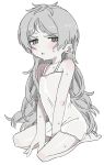  1girl absurdres barefoot between_legs blush dress flat_chest full_body grey_eyes grey_hair hand_between_legs highres kunoichi_kazuhito_(kuno_kazu) long_hair looking_at_viewer original parted_lips seiza simple_background sitting solo sweat white_background white_dress 