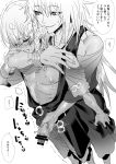  2boys arm_around_neck bar_censor bracelet braid breath censored closed_eyes crying greyscale hair_between_eyes hand_on_another&#039;s_arm hand_up handjob highres jewelry king_of_prism kisaragi_louis long_hair male_focus monochrome multiple_boys open_mouth pectorals penis pretty_rhythm pretty_series saliva shine_(pretty_series) short_hair smile speech_bubble standing sweat translation_request trembling white_background yaoi zashima 