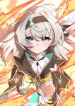  &gt;:) 1girl black_choker black_shawl cape_clasp choker clenched_hand collar commentary determined ecliygame fire firefly_(honkai:_star_rail) glint grey_hair hairband hand_on_own_chest highres honkai:_star_rail honkai_(series) long_sleeves looking_at_viewer multicolored_eyes ribbon shawl simple_background solo v-shaped_eyebrows white_collar 