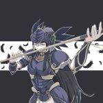  1girl armor armored_dress black_armor black_hair breastplate feathers helmet highres hrist_valkyrie long_hair looking_at_viewer roboborou solo valkyrie valkyrie_profile_(series) weapon winged_helmet 