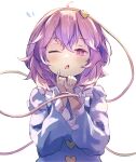  1girl ar_(maeus) blue_shirt blush commentary_request heart komeiji_satori long_sleeves looking_at_viewer one_eye_closed open_mouth pink_eyes pink_hair shirt simple_background solo sweatdrop third_eye touhou upper_body white_background 