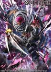  1boy abs bare_pectorals black_gloves charlotte_katakuri commentary_request copyright_name gloves holding holding_weapon looking_at_viewer male_focus nagare_seiya official_art one_piece one_piece_card_game pectorals pink_hair scarf short_hair solo weapon 