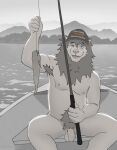  2024 absurd_res anthro armpit_hair balls baseball_cap baseball_cap_only belly_hair boat body_hair casual_nudity clothing echto felid fish fishing fishing_rod flaccid foreskin genitals grin hat headgear headwear hi_res lion looking_at_viewer male mammal mane marine mountain nipples nude one_eye_closed open_mouth outside pantherine penis pubes sitting smile solo vehicle watercraft 