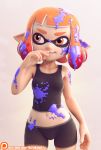  1girl 3d absurdres bare_arms bike_shorts breasts cowboy_shot domino_mask hand_on_mouth highres inkling looking_to_the_side midriff navel nintendo orange_eyes orange_hair paint paint_on_face paint_splatter pointy_ears rafaknight short_hair shorts smile solo splatoon tank_top teeth web_address 