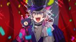  1boy bishounen blue_eyes blue_hair coat collarbone confetti creature creature_on_shoulder diamond_choker english_commentary eyeshadow gavis_bettel grey_hair hair_between_eyes happy hat heterochromia highres holostars holostars_english inchells light_particles looking_at_viewer makeup male_focus medium_hair multicolored_coat multicolored_hair on_shoulder open_mouth phantom_(gavis_bettel) pink_eyes pink_eyeshadow pink_hair scarf smile solo sparkle striped_coat top_hat upper_body vertical-striped_coat virtual_youtuber white_scarf wide-eyed 