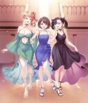  3girls :d absurdres alternate_costume bare_shoulders black_choker black_hair breasts brown_eyes brown_hair choker cleavage clothing_cutout commission dress e_(eokiba) evening_gown full_body gloria_(pokemon) green_eyes high_heels highres large_breasts locked_arms marnie_(pokemon) medium_breasts medium_hair multiple_girls navel_cutout open_mouth orange_hair pokemon pokemon_swsh short_hair side_ponytail skeb_commission skirt_hold smile sonia_(pokemon) twintails 