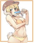  1girl animal_ears arm_under_breasts bikini blonde_hair blush breasts brown_eyes brown_hat eating food ginnkei hat highres looking_at_viewer looking_to_the_side lop_rabbit_ears medium_breasts navel orange_bikini popsicle rabbit_ears rabbit_eats rabbit_tail ringo_(touhou) short_hair simple_background solo sweat sweatdrop swimsuit tail three_quarter_view 