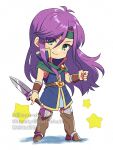  1girl antenna_hair belt blue_tunic boots bracer brown_footwear chibi closed_mouth commentary_request faris_scherwiz final_fantasy final_fantasy_v full_body green_headband green_scarf hair_between_eyes headband highres holding holding_sword holding_weapon knee_pads light_blush long_hair parted_bangs purple_hair sanroku_3 scarf smile solo sword twitter_username weapon white_background 