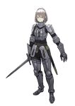  1girl armor armored_boots blue_eyes boots closed_mouth full_armor full_body fumikazu holding holding_sword holding_weapon looking_at_viewer original ponytail sheath simple_background solo sword weapon white_background 