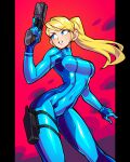  1girl 333_(dqqqdle) abstract_background blonde_hair blue_bodysuit blue_eyes bodysuit breasts clenched_teeth cowboy_shot gun handgun highres holding holding_gun holding_weapon holster looking_to_the_side metroid mole mole_under_mouth multicolored_background paralyzer ponytail samus_aran skin_tight solo standing stun_gun teeth thigh_holster trigger_discipline weapon zero_suit 