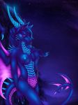  2018 5_fingers anthro blue_hair blue_nipples blue_scales breasts cool_colors detailed_background digital_media_(artwork) dragon eyelashes female hair horn membranous_wings night nipples nude outside purple_eyes scales selianth sky smile solo spines star starry_sky wings 