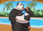  2024 absurd_res anthro balls bear belly big_belly black_body black_nose dessert detailed_background food genitals giant_panda hi_res ice_cream kemono male mammal moobs nipples outside overweight overweight_male palm_tree penis plant said_the_saisio solo swimming_pool tongue tongue_out tree white_body 
