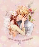  1boy 1girl absurdres aerith_gainsborough anniversary aqua_eyes arms_around_back artist_name blonde_hair bow bowtie braid braided_ponytail bridal_veil bride brown_hair closed_mouth cloud_strife collared_shirt couple dress final_fantasy final_fantasy_vii floral_background flower green_eyes grey_jacket groom hair_between_eyes hair_flower hair_ornament hand_in_another&#039;s_hair hetero highres husband_and_wife jacket long_sleeves official_alternate_costume parted_bangs pink_lips pocket_square shirt short_hair sidelocks single_braid smile spiked_hair suit_jacket tuxedo upper_body veil wavy_hair wedding wedding_dress white_dress white_shirt yco_030601 