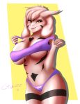  2018 asriel_dreemurr bra breasts caprine cleavage clothed clothing crossgender female goat gwizzly horn mammal nipples panties pinup pose smile solo toby_fox undertale underwear video_games 