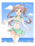  1girl :d ahoge armpit_crease ass_visible_through_thighs bare_arms bare_shoulders bikini bikini_skirt blue_sky blush border bow braid braided_bun breasts brown_hair cloud collarbone commentary_request cropped_legs day double_bun floating_hair frilled_bikini_top frilled_skirt frills goma_konbu green_bikini green_bow green_skirt hair_bun hakozaki_serika highres idolmaster idolmaster_million_live! lone_nape_hair long_hair looking_at_viewer miniskirt navel ocean open_mouth orange_eyes outdoors outside_border outstretched_arms panty_straps polka_dot polka_dot_bikini polka_dot_skirt raised_eyebrows skindentation skirt sky small_breasts smile solo standing stomach swept_bangs swimsuit thigh_gap thighs translation_request two_side_up v very_long_hair wading wet white_border white_bow 