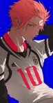  1boy absurdres black_gloves blue_background blue_lock bo_toike57 closed_mouth gloves green_eyes hand_on_own_neck highres itoshi_sae looking_at_viewer male_focus pink_hair serious shirt sidelocks soccer_uniform solo sportswear sweat sweatdrop upper_body white_shirt 