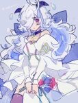  1girl bare_shoulders closed_mouth dress eitr_(fire_emblem) fire_emblem fire_emblem_heroes flower goat_horns grey_hair hair_over_one_eye highres holding holding_flower horns long_hair long_sleeves looking_at_viewer mbkmmm purple_background red_eyes rose single_tear solo white_dress 
