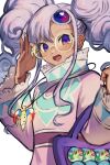  1girl absurdres akimachi dark-skinned_female dark_skin dress eyelashes forehead_jewel glasses highres jewelry long_hair long_sleeves looking_at_viewer meredy_(tales) necklace open_mouth purple_eyes purple_hair round_eyewear smile solo tales_of_(series) tales_of_eternia twintails upper_body white_background 