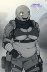  absurd_res alien alien_humanoid areola areola_slip armor belt big_breasts breasts clothed clothing dialogue female fingerless_gloves gloves grey_body grey_skin greyscale halo_(series) handwear hi_res humanoid machine mandibles microsoft military_uniform monochrome muffin_top overweight overweight_female poptart_paints power_armor sangheili shoulder_pads skimpy solo speech_bubble text uniform xbox_game_studios yellow_eyes 