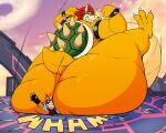  2024 anthro armband belly big_belly big_butt bowser bracelet butt canid canine claws clenched_teeth duo evil_grin fangs fist fox fox_mccloud fur hair hi_res horn huttsergreywolf jewelry koopa male mammal mario_bros nintendo obese obese_anthro obese_male overweight overweight_anthro overweight_male scales scalie shell sitting sitting_on_another size_difference smile sound_effects spiked_armband spiked_bracelet spiked_shell spikes spikes_(anatomy) star_fox super_smash_bros. teeth text toe_claws 