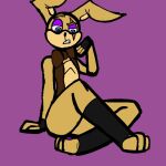  anthro bow_tie clothed clothing eyebrows fingerless_gloves five_nights_at_freddy&#039;s five_nights_at_freddy&#039;s_vr:help_wanted glitchtrap gloves handwear humanoid knee_highs lagomorph legwear leporid looking_down makeup male mammal open_clothing open_topwear open_vest purple_background rabbit raised_eyebrow scar scottgames simple_background solo solo_focus thigh_highs topwear vest 