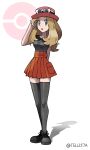  1girl :o absurdres black_footwear blonde_hair collared_shirt commentary_request commission eyewear_on_headwear full_body grey_eyes grey_thighhighs hand_up hat highres legs_together long_hair looking_at_viewer open_mouth pink_hat pleated_skirt poke_ball_symbol pokemon pokemon_xy serena_(pokemon) shirt shoes skeb_commission skirt sleeveless sleeveless_shirt solo standing sunglasses tellzeta thighhighs white-framed_eyewear 