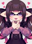  1girl black_hair heart heart-shaped_pupils highres inkling_girl inkling_player_character long_sleeves pointy_ears purple_eyes sahata_saba short_hair simple_background solo splatoon_(series) symbol-shaped_pupils teeth upper_body upper_teeth_only white_background 