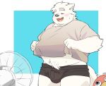  2024 anthro belly blush bulge canid canine canis clothing domestic_dog electric_fan eyes_closed inunoshippo kemono male mammal overweight overweight_male plushie shirt simple_background solo topwear underwear 